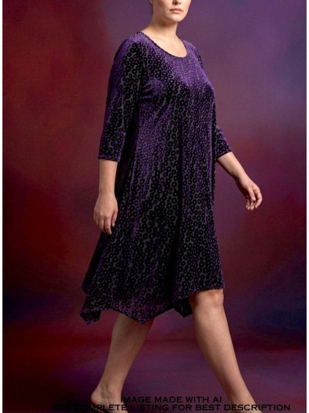 Grizas Silk Blend Burnout Velvet Dress XL Oversize Geometric Lagenlook Purple
